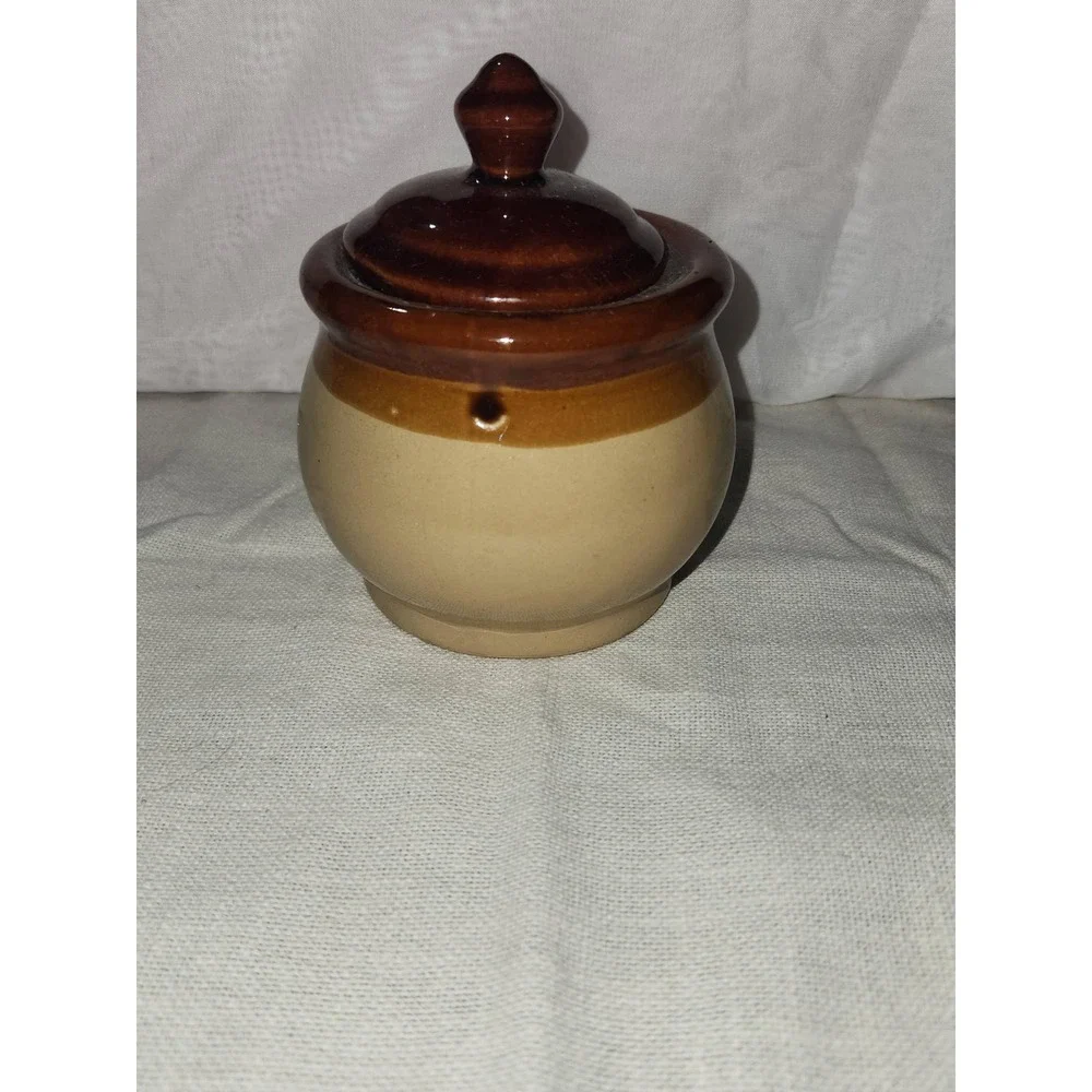 Vintage Two Tone Brown Tan Stoneware Bean Pot Honey Jar with Lid Rustic Crock